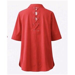 Chico’s Red Lace Up Back Button Front Blouse Short Sleeve Tunic Size 2 Large